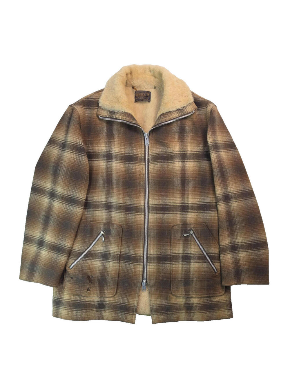 Pendleton Vintage 1960s Brown Shadow Plaid Faux Fur Wool Zip Jacket Mens Large L